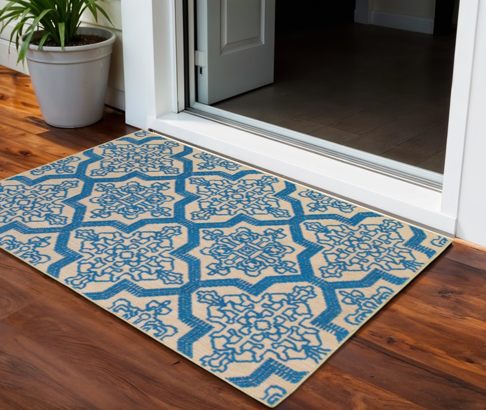 2' X 3' Blue and Beige Oriental Stain Resistant Indoor Outdoor Area Rug