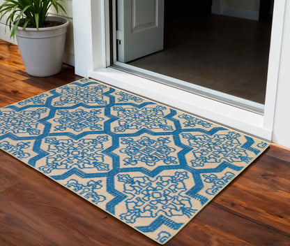 2' X 3' Blue and Beige Oriental Stain Resistant Indoor Outdoor Area Rug