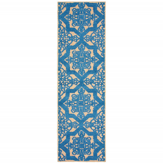 2' X 8' Blue and Beige Oriental Stain Resistant Indoor Outdoor Area Rug