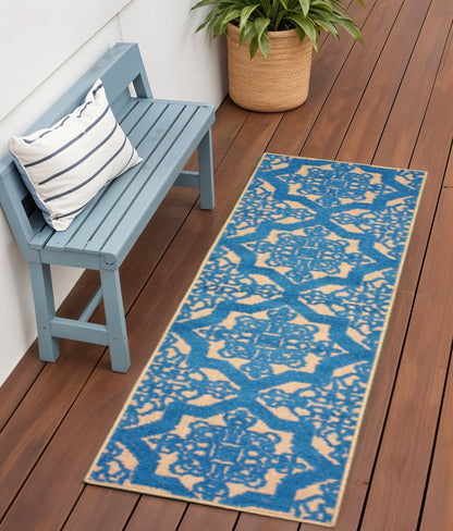 2' X 8' Blue and Beige Oriental Stain Resistant Indoor Outdoor Area Rug