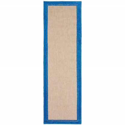 2' X 8' Blue and Beige Stain Resistant Indoor Outdoor Area Rug