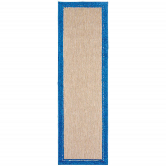 2' X 8' Blue and Beige Stain Resistant Indoor Outdoor Area Rug