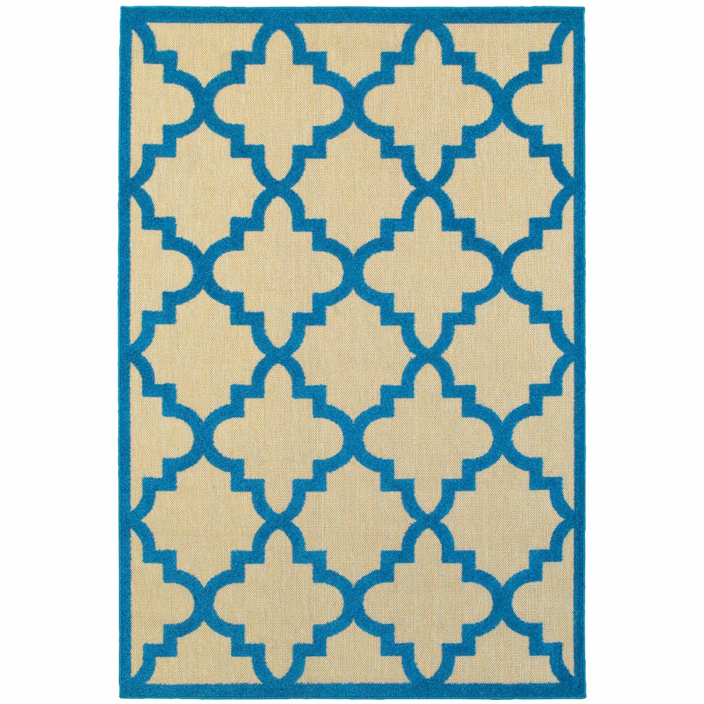 2' X 3' Blue and Beige Geometric Stain Resistant Indoor Outdoor Area Rug