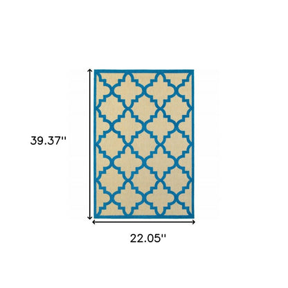 2' X 3' Blue and Beige Geometric Stain Resistant Indoor Outdoor Area Rug