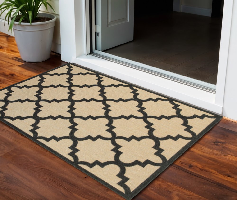 2' X 3' Beige and Black Geometric Stain Resistant Indoor Outdoor Area Rug