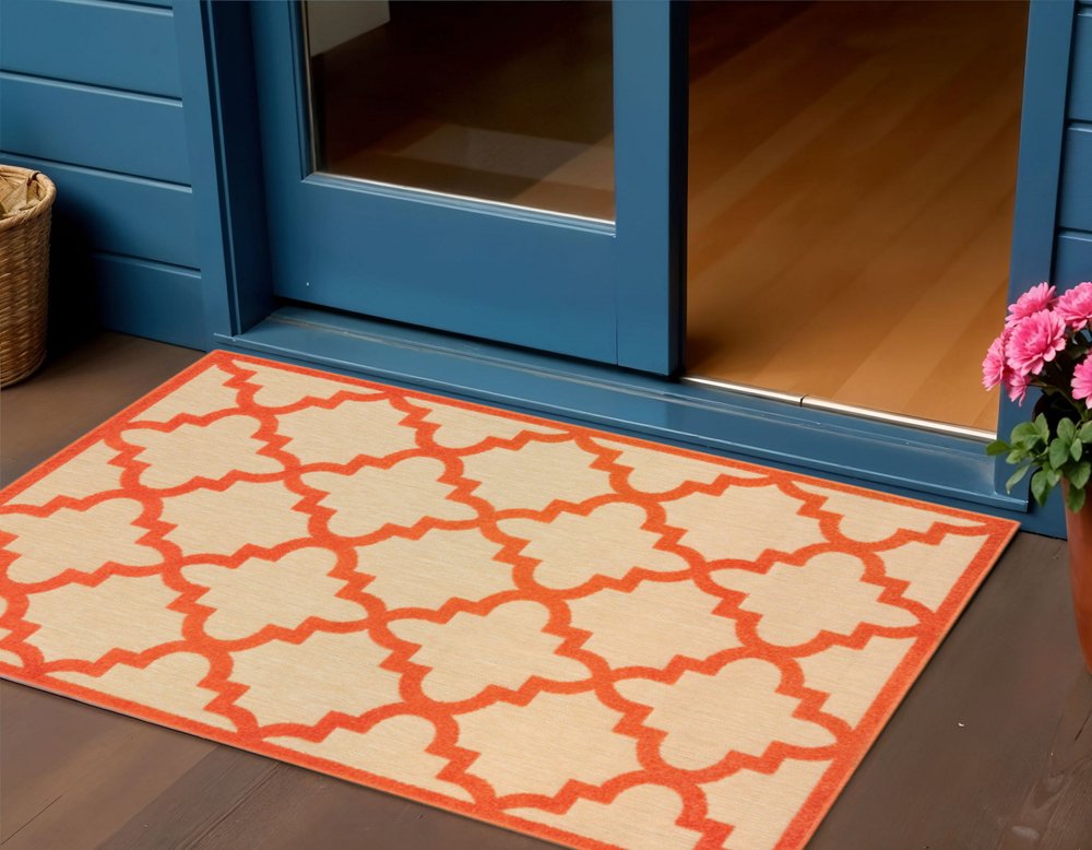 2' X 3' Orange Geometric Stain Resistant Indoor Outdoor Area Rug