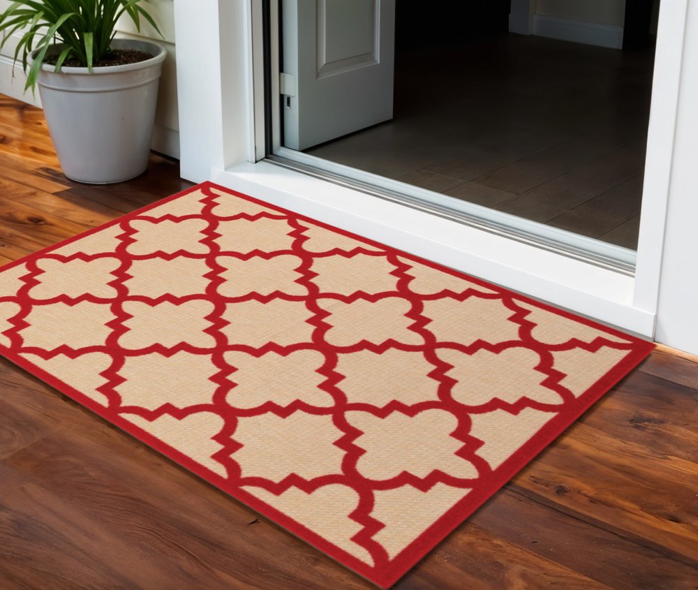 2' X 3' Red Geometric Stain Resistant Indoor Outdoor Area Rug