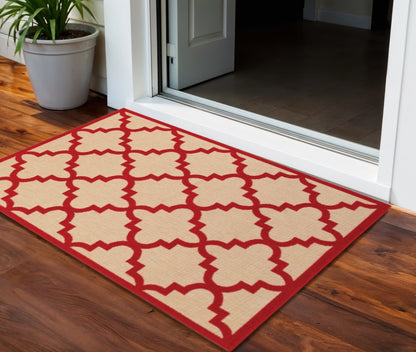 2' X 3' Red Geometric Stain Resistant Indoor Outdoor Area Rug