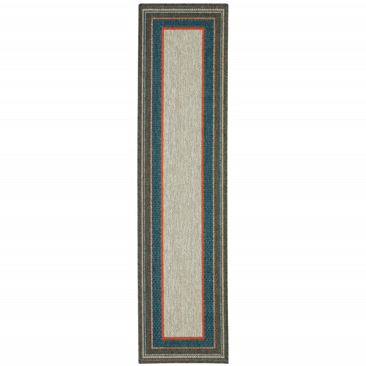 2' X 8' Blue and Gray Stain Resistant Indoor Outdoor Area Rug