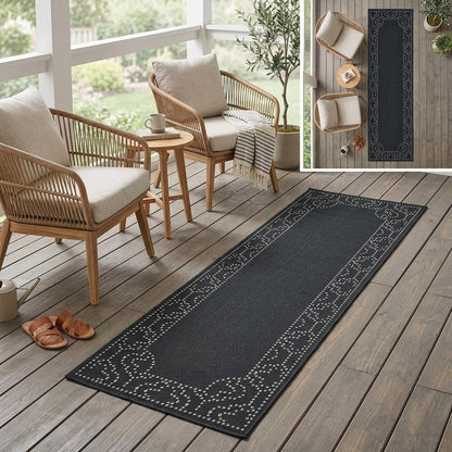 2' X 8' Black and Ivory Stain Resistant Indoor Outdoor Area Rug