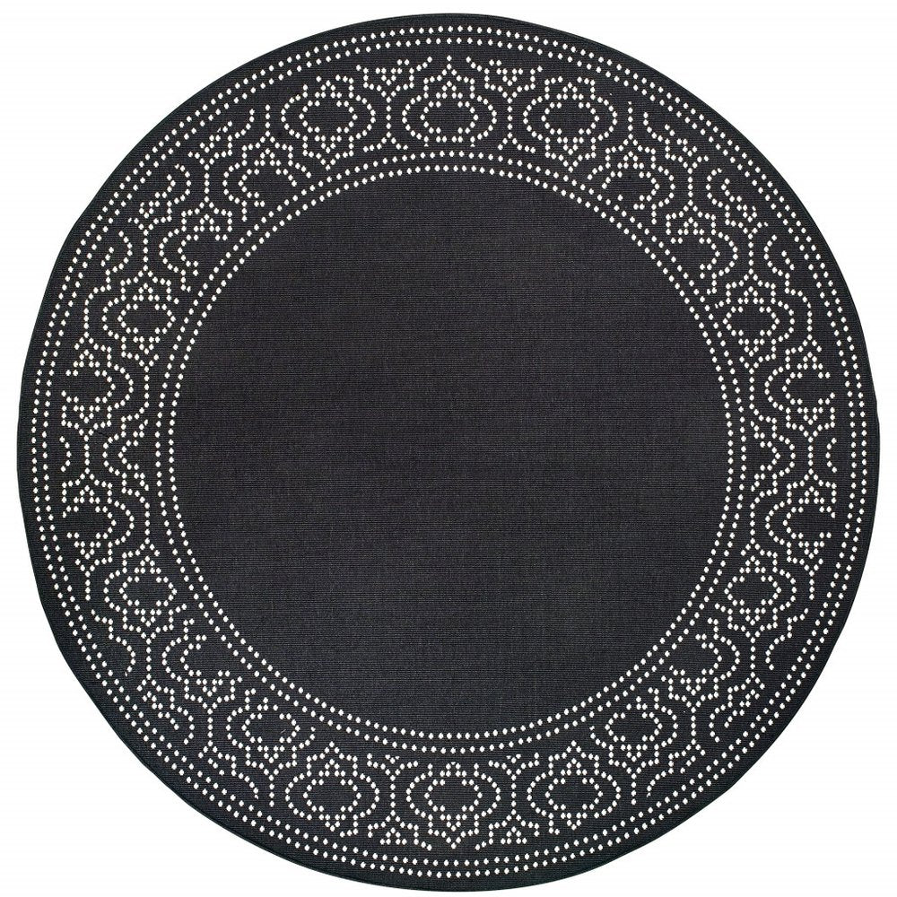 8' X 8' Black And Ivory Round Indoor Outdoor Area Rug