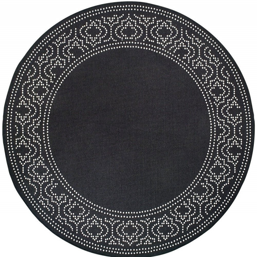8' X 8' Black And Ivory Round Indoor Outdoor Area Rug