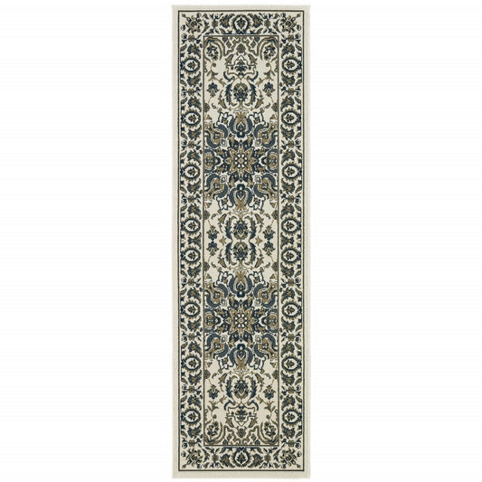 2' X 8' Ivory and Blue Oriental Stain Resistant Indoor Outdoor Area Rug