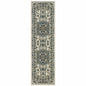 2' X 8' Ivory and Blue Oriental Stain Resistant Indoor Outdoor Area Rug
