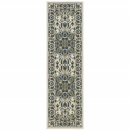 2' X 8' Ivory and Blue Oriental Stain Resistant Indoor Outdoor Area Rug