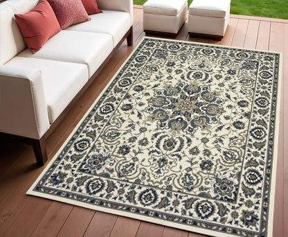 4' X 6' Ivory and Blue Oriental Stain Resistant Indoor Outdoor Area Rug