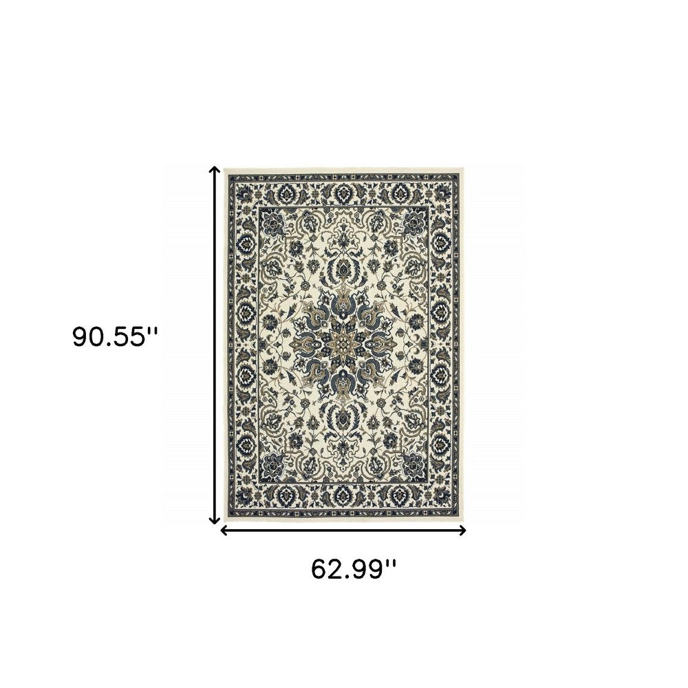 5' X 8' Ivory and Blue Oriental Stain Resistant Indoor Outdoor Area Rug