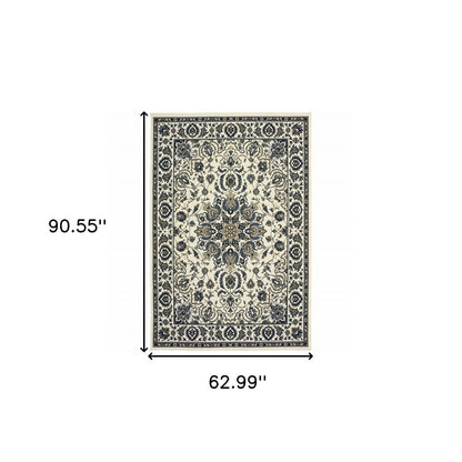 5' X 8' Ivory and Blue Oriental Stain Resistant Indoor Outdoor Area Rug
