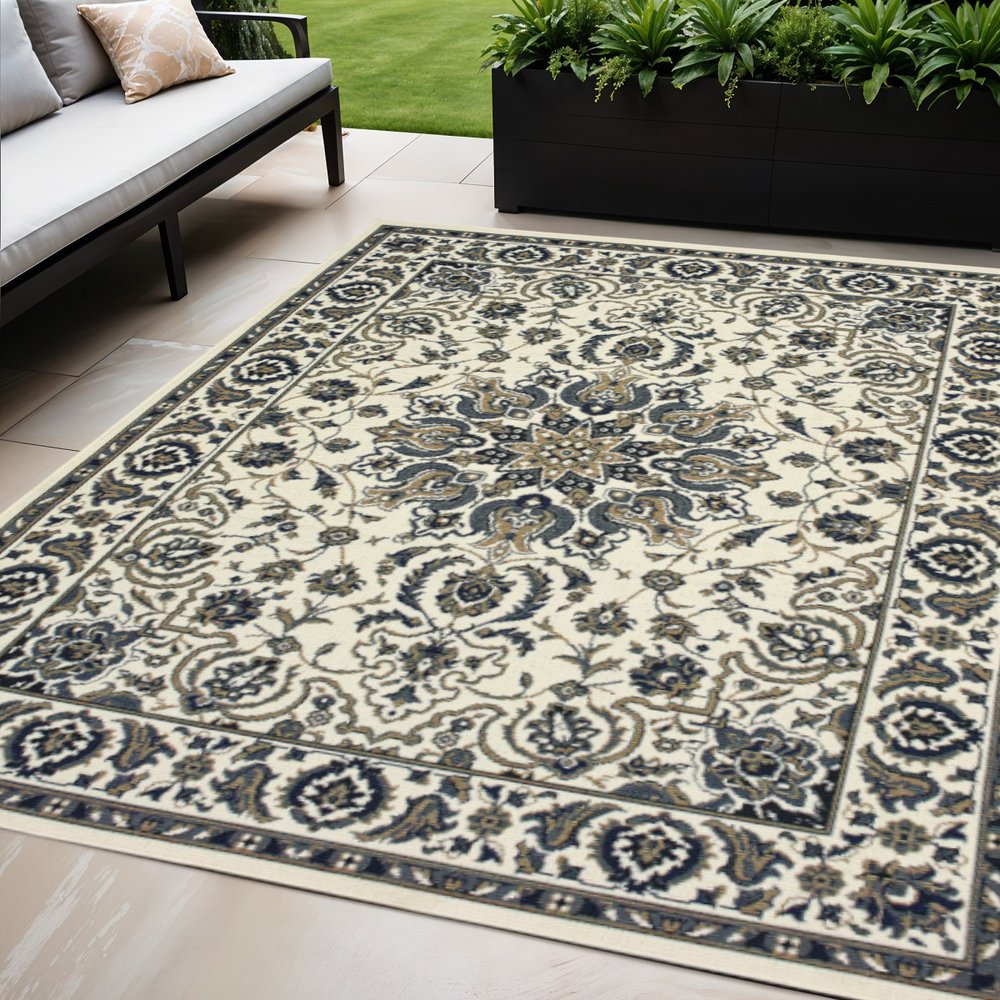 5' X 8' Ivory and Blue Oriental Stain Resistant Indoor Outdoor Area Rug