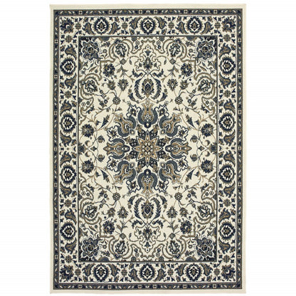 8' X 11' Ivory and Blue Oriental Stain Resistant Indoor Outdoor Area Rug