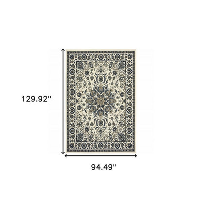 8' X 11' Ivory and Blue Oriental Stain Resistant Indoor Outdoor Area Rug
