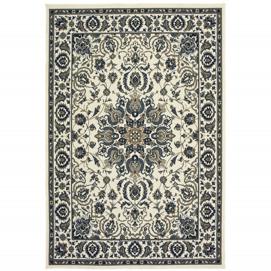 9' X 13' Ivory And Blue Oriental Indoor Outdoor Area Rug
