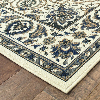 9' X 13' Ivory And Blue Oriental Indoor Outdoor Area Rug