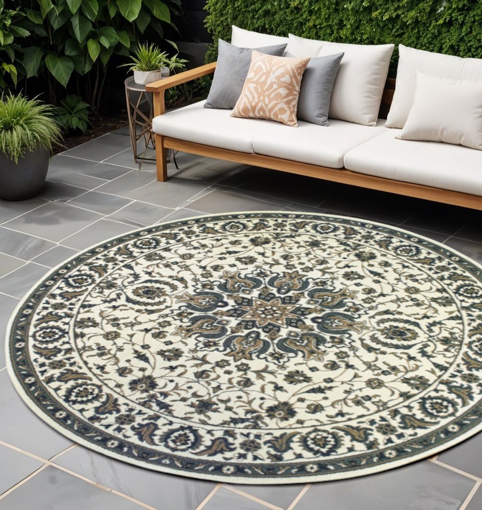 8' X 8' Ivory and Blue Round Oriental Stain Resistant Indoor Outdoor Area Rug