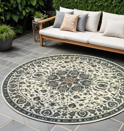 8' X 8' Ivory and Blue Round Oriental Stain Resistant Indoor Outdoor Area Rug