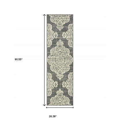 2' X 8' Gray and Ivory Oriental Stain Resistant Indoor Outdoor Area Rug