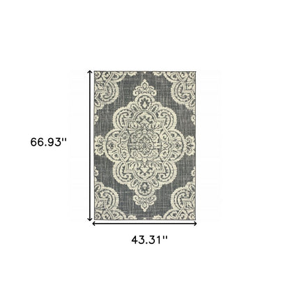 4' X 6' Gray and Ivory Oriental Stain Resistant Indoor Outdoor Area Rug