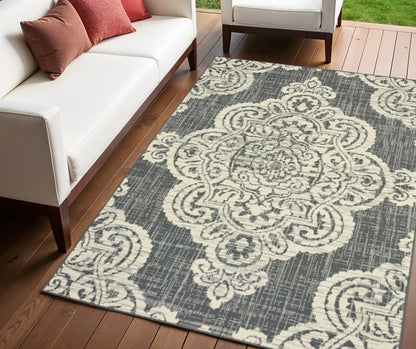 4' X 6' Gray and Ivory Oriental Stain Resistant Indoor Outdoor Area Rug