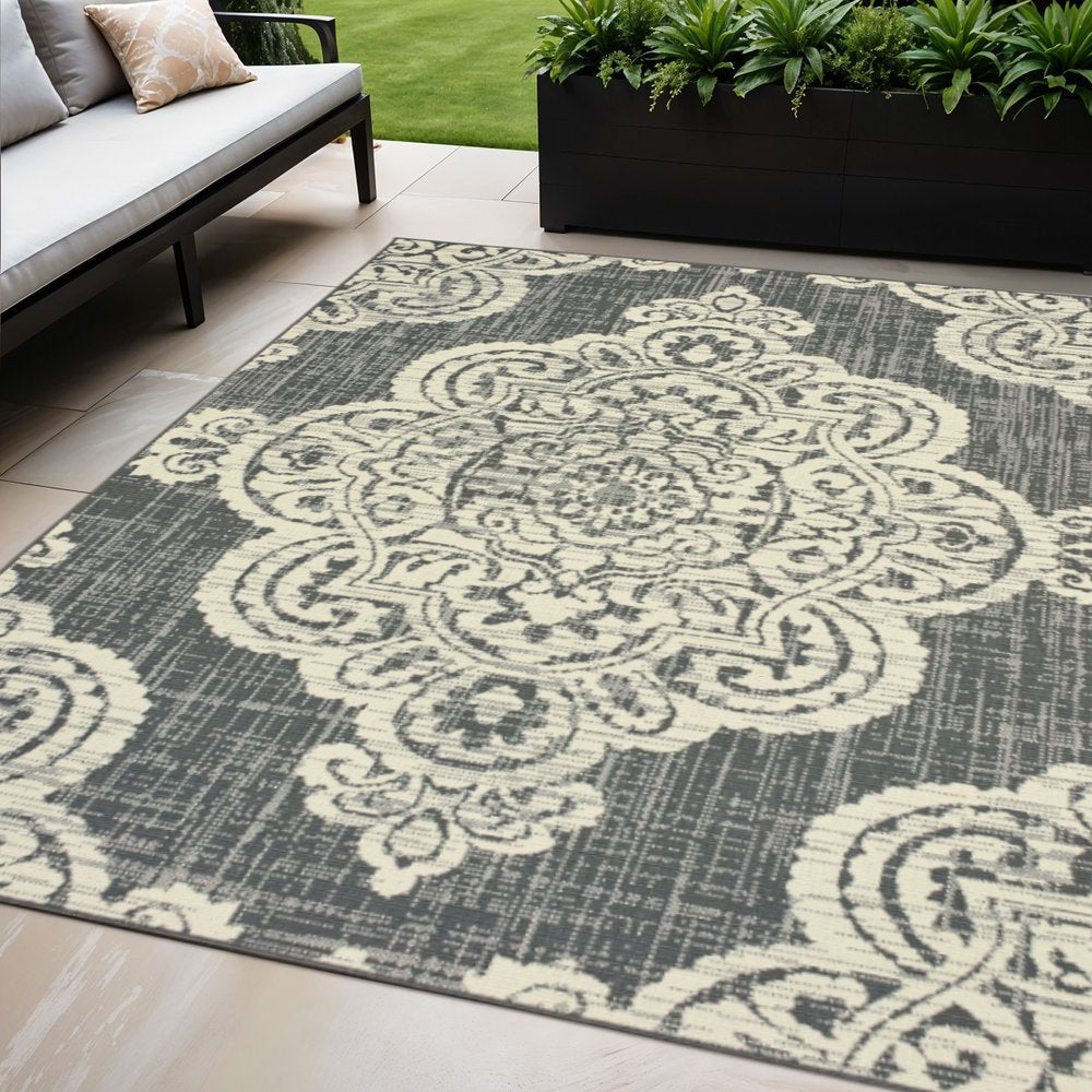 5' X 8' Gray and Ivory Oriental Stain Resistant Indoor Outdoor Area Rug