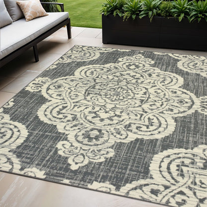 5' X 8' Gray and Ivory Oriental Stain Resistant Indoor Outdoor Area Rug