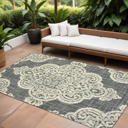 7' X 10' Gray and Ivory Oriental Stain Resistant Indoor Outdoor Area Rug
