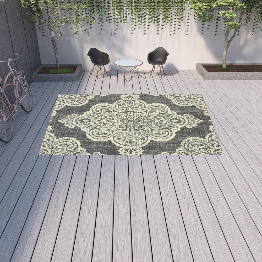 9' X 13' Gray and Ivory Oriental Stain Resistant Indoor Outdoor Area Rug