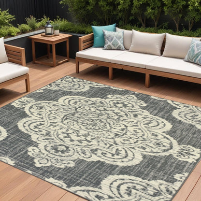9' X 13' Gray and Ivory Oriental Stain Resistant Indoor Outdoor Area Rug