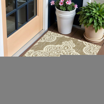 2' X 4' Tan Oriental Stain Resistant Indoor Outdoor Area Rug