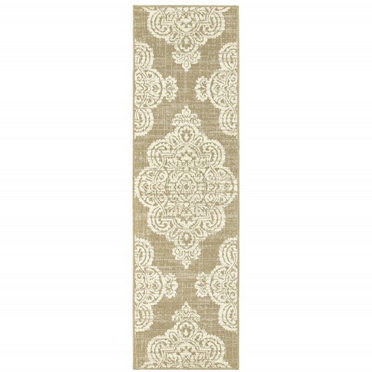 2' X 8' Tan Oriental Stain Resistant Indoor Outdoor Area Rug