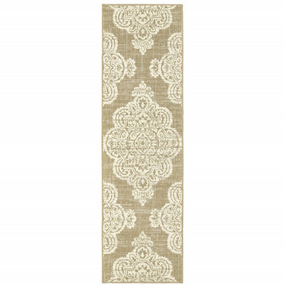 2' X 8' Tan Oriental Stain Resistant Indoor Outdoor Area Rug