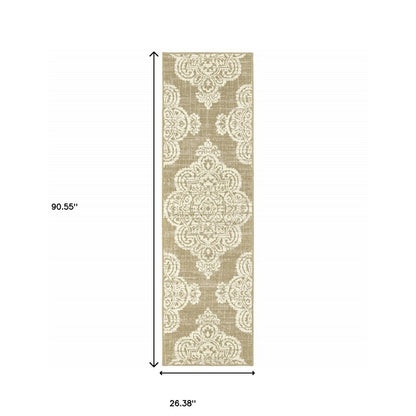 2' X 8' Tan Oriental Stain Resistant Indoor Outdoor Area Rug