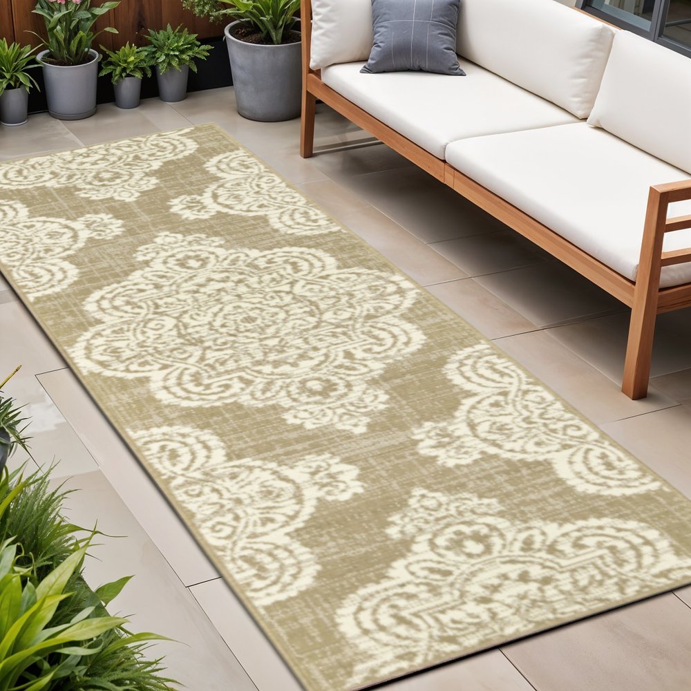2' X 8' Tan Oriental Stain Resistant Indoor Outdoor Area Rug