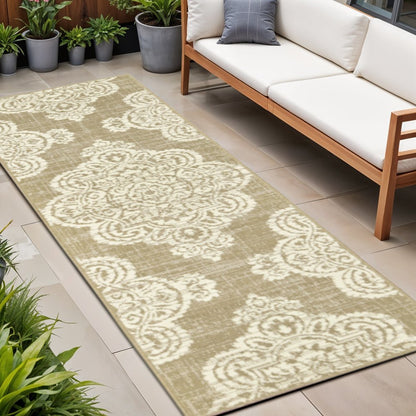 2' X 8' Tan Oriental Stain Resistant Indoor Outdoor Area Rug