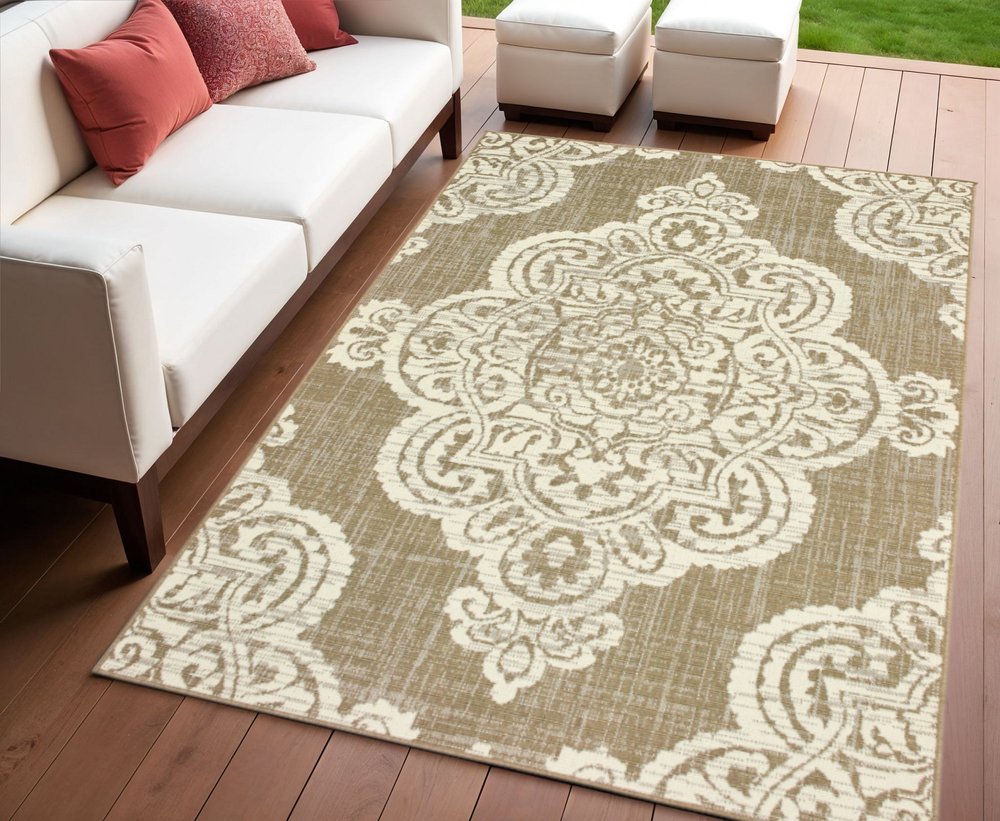 4' X 6' Tan Oriental Stain Resistant Indoor Outdoor Area Rug