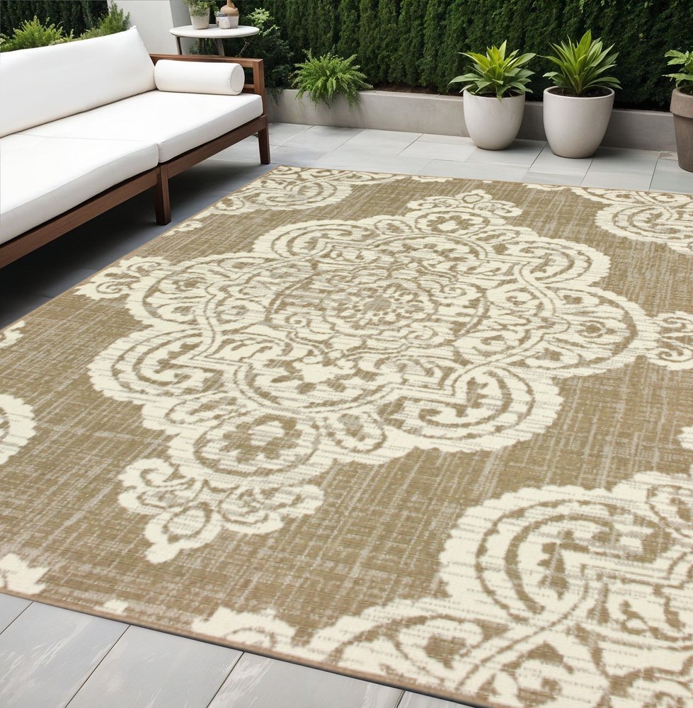 5' X 8' Tan Oriental Stain Resistant Indoor Outdoor Area Rug