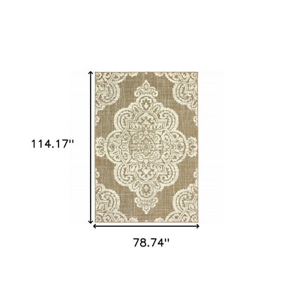 7' X 10' Tan Oriental Stain Resistant Indoor Outdoor Area Rug