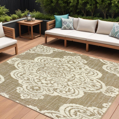 7' X 10' Tan Oriental Stain Resistant Indoor Outdoor Area Rug