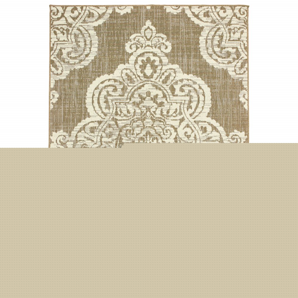 8' X 11' Tan Oriental Stain Resistant Indoor Outdoor Area Rug