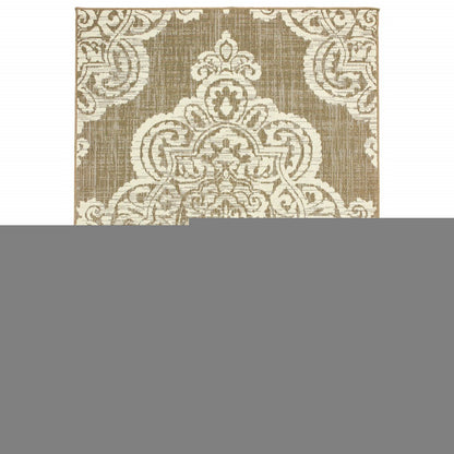 8' X 11' Tan Oriental Stain Resistant Indoor Outdoor Area Rug