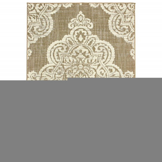 8' X 11' Tan Oriental Stain Resistant Indoor Outdoor Area Rug